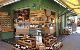 Stand of a delicatessen at the Viktualienmarkt in Munich.