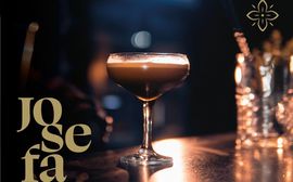 Professionally shot image with 'jo se fa' text in the foreground, drink in the scene, soft lighting creating a stylish, inviting atmosphere