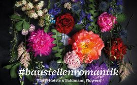 Bunte Blumen vor Betonhintergrund und der Aufschrift #baustellenromantik.