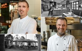 The two new chefs of the AYINGER inns in a photo collage with the two restaurants 