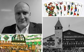 Collage mit schwarzweiß Portrait und Schafskopf Kartendeck