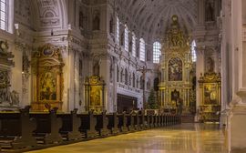 Interior view of the Baroque Jesuit Church of St. Michael in Munich.